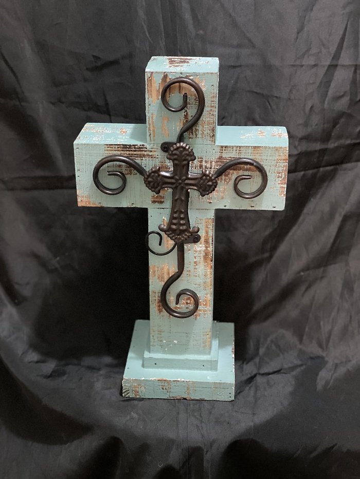 Wood standing cross turquoise