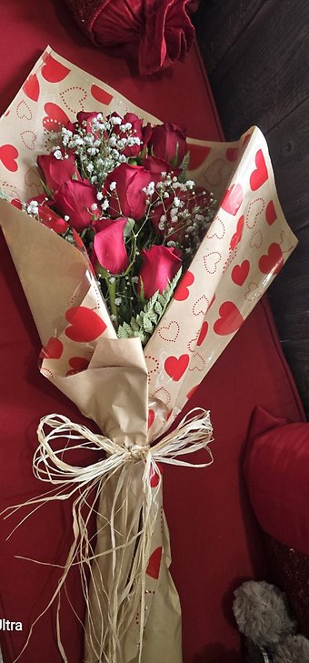 Valentines dozen rose wrapped bouquet