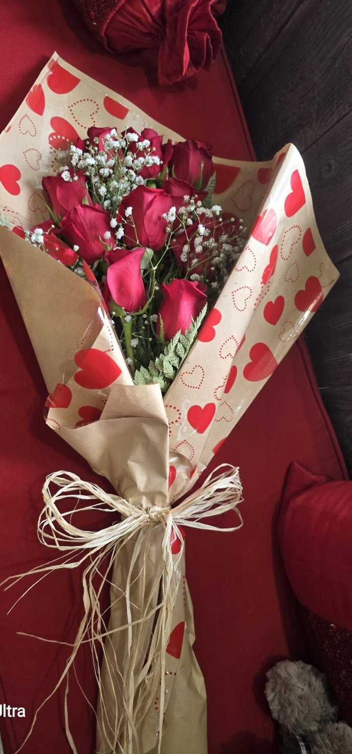 Valentines dozen rose wrapped bouquet